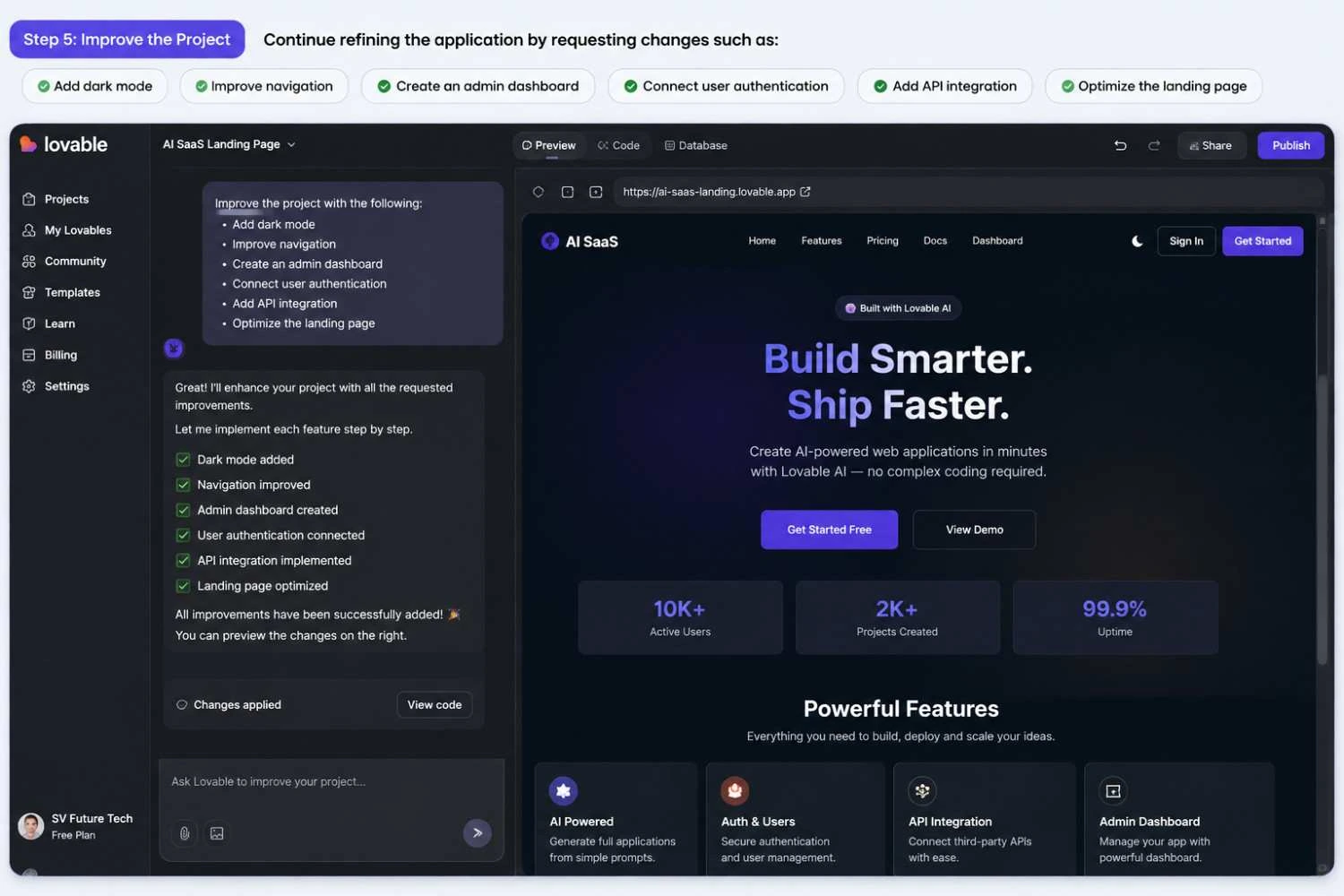 Lovable AI prompt editor for generating a web application
