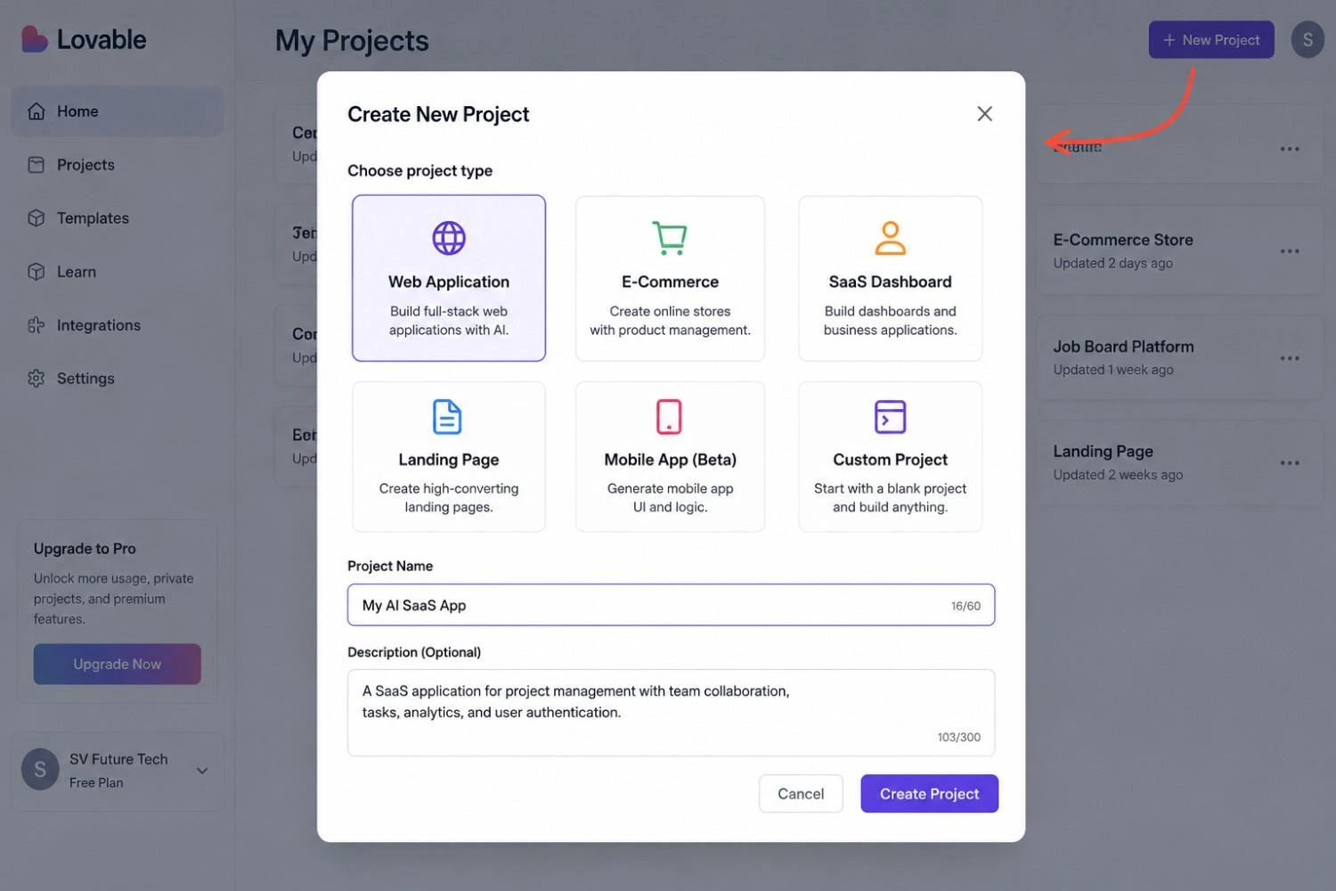 Lovable AI Create New Project screen