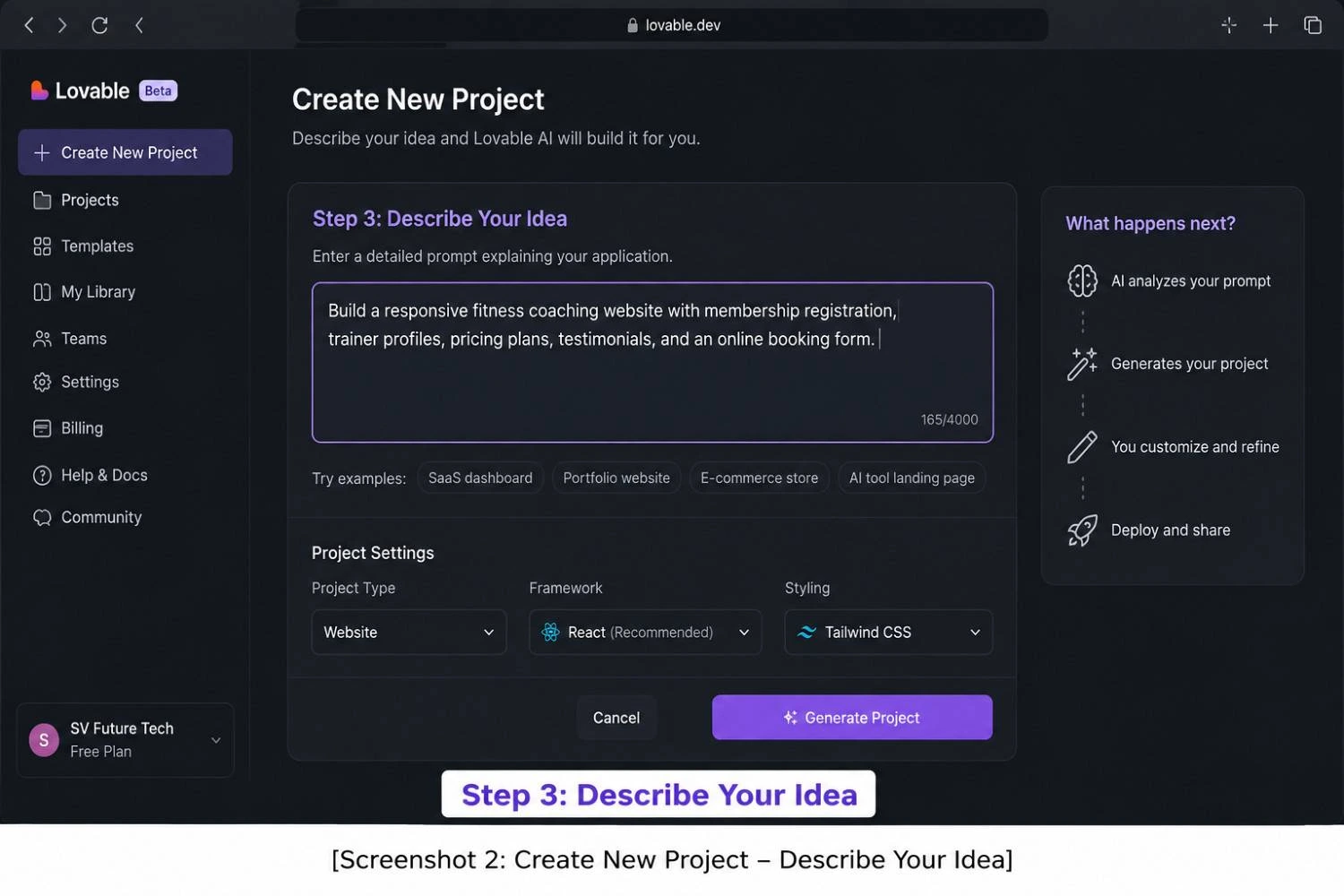 Lovable AI prompt editor for generating a web application