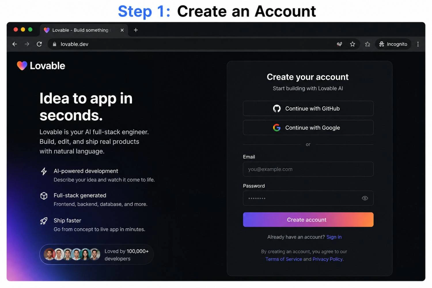 Lovable AI Sign-up Page